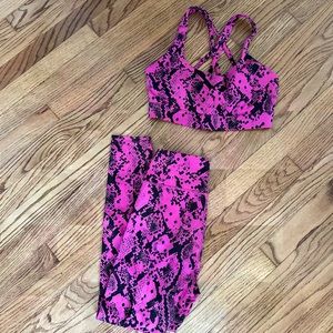 Small in both, high waisted and strappy bra, very supportive